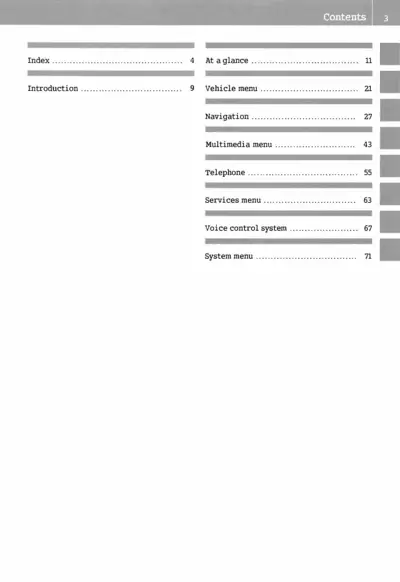 Table of contents showing page numbers for manual sections covering vehicle menus, navigation, telephone, and system settings.
