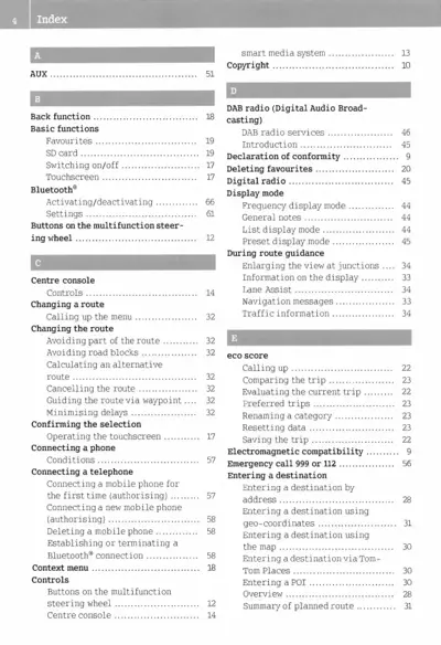 Index page showing alphabetically organized topics A through E with corresponding page numbers.