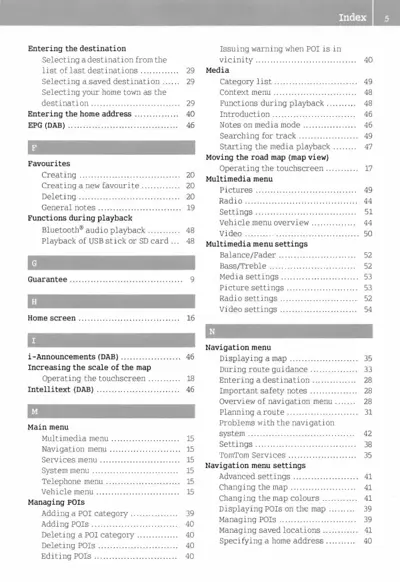 Table of contents index showing alphabetical topics and their corresponding page numbers in the manual.
