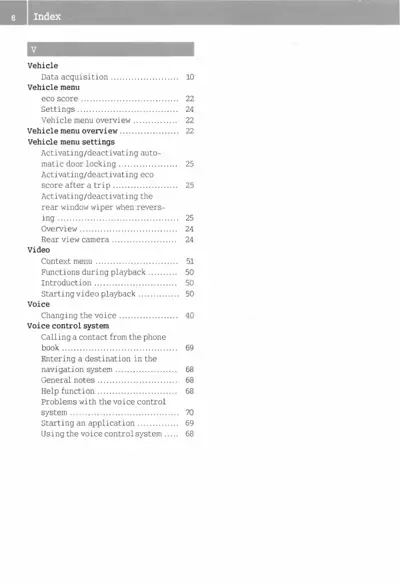 Table of contents index page showing manual sections and corresponding page numbers.