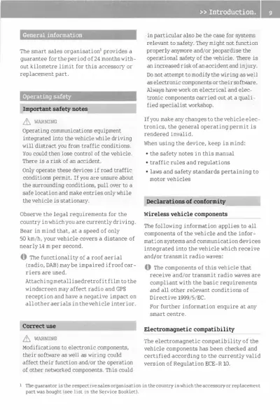 Text page with safety warnings and compliance information for smart vehicle electronics and communications systems.