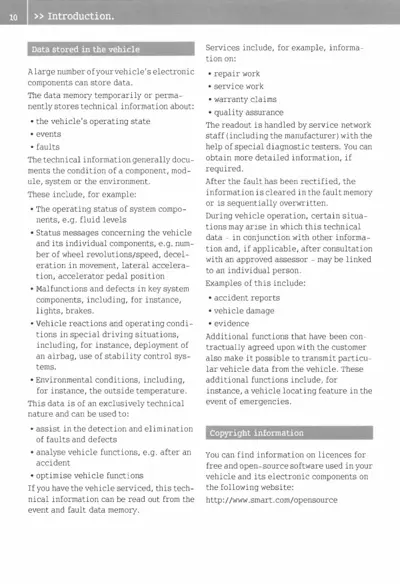 Text page about data stored in vehicle electronic components and copyright information.