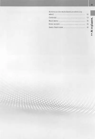 Contents page showing steering wheel buttons and media system menu topics with page numbers.