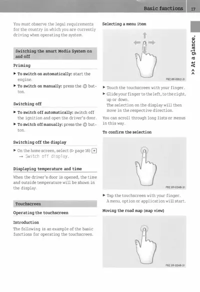 Touchscreen operation guide with finger gesture diagrams for selecting, confirming, and navigating map view.