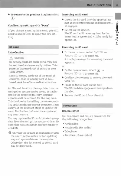 Manual page showing SD card handling and favorites setup instructions for smart media system.