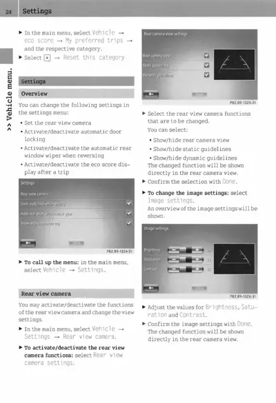 Settings menu screenshots displaying rear camera, automatic door lock, rear wiper, and eco score display toggles.