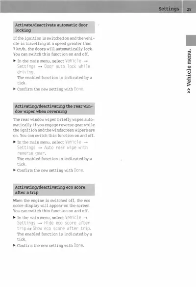 Settings page 25 showing three vehicle configuration options with navigation instructions.