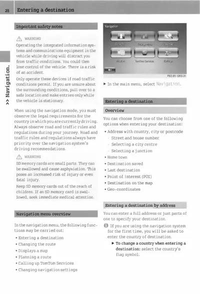 Page 28 showing navigation destination entry instructions with menu interface and safety notes.