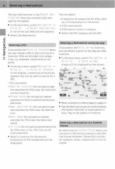 Text page explaining navigation destination entry methods with map screenshot showing POI symbols.