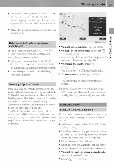 Text instructions for planning routes using navigation system with map display screenshot.