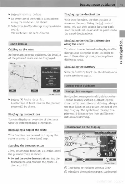 Manual page 33 showing route details menu, navigation display interface, and guidance functions.
