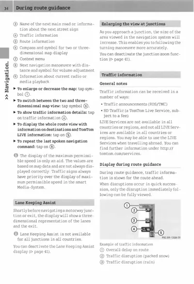 Page 34 navigation guide showing route guidance features, traffic information, and lane keeping assist instructions.