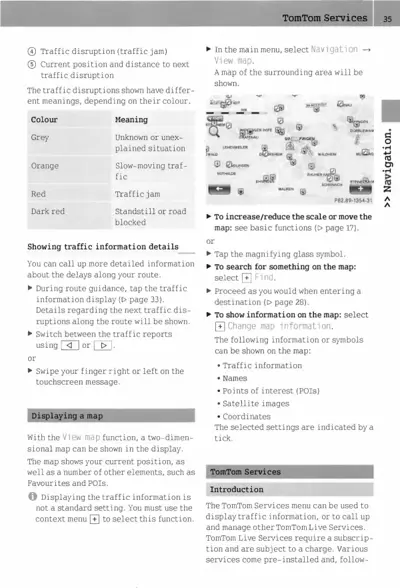 Traffic disruption color meanings table and navigation map display instructions with symbols.