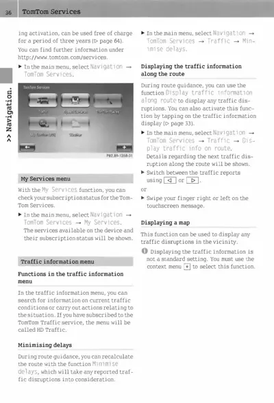 Navigation menu screenshot showing TomTom Services options including Traffic, Speed Cameras, and My Services.