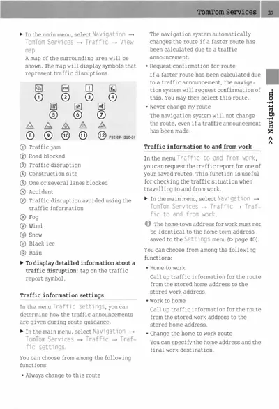 Traffic symbol legend with 12 numbered icons showing jam, blockage, disruption, construction, accidents, fog, wind, snow, ice, rain.