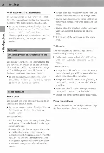Settings page showing navigation options for route types, toll roads, voice instructions, and ferry connections.
