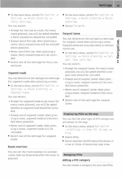Settings page 39 showing navigation menu options for route planning preferences and POI management.