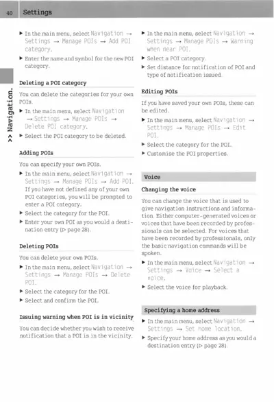 Settings page showing navigation menu options for POI management, voice settings, and home address setup.