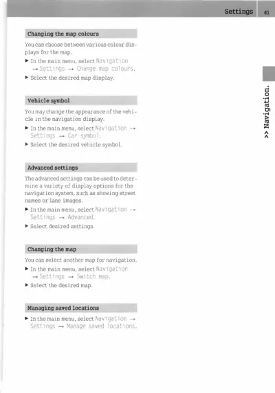 Text page showing navigation settings menu options and instructions for configuring display preferences.