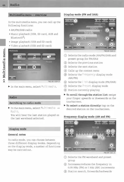 Radio menu interface showing multimedia options, display modes, and numbered control callouts for station selection and frequency adjustment.