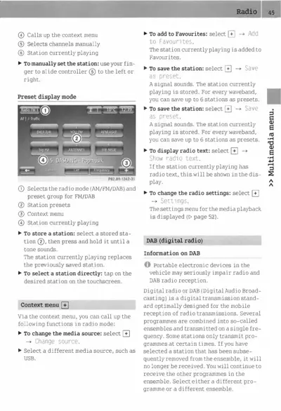 Radio interface showing preset buttons, station tuning controls, and DAB radio explanation text.