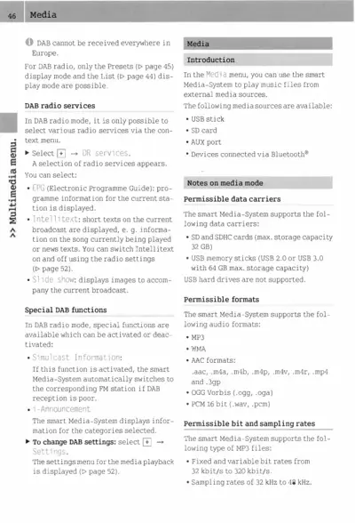 Manual page 46 explaining Media menu features, DAB radio services, and smart Media-System supported audio formats and data carriers.