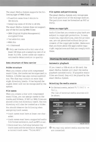 Text page describing WMA file support, FAT32 partitioning, copyright notes, and media selection menu with USB, SD, Auxiliary, and Bluetooth source buttons.