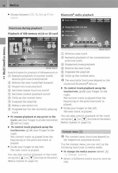 Two infographics showing playback controls for USB/SD media and Bluetooth audio with numbered callouts.
