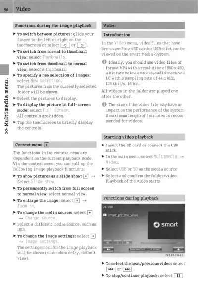 Documentation page explaining video playback controls and settings for smart car infotainment system.