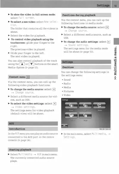 Settings page 51 displaying multimedia menu options for sound, radio, media, pictures, and video with context menu controls.