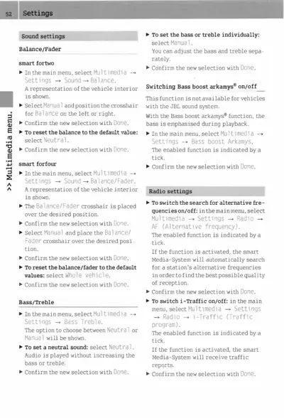 Settings page showing sound and radio configuration procedures for smart vehicles.