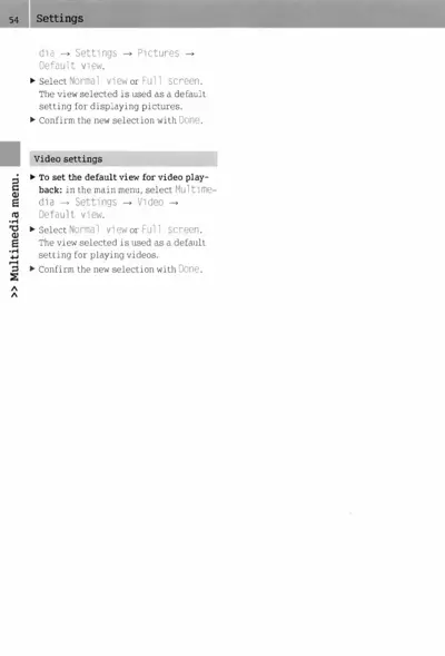 Settings page with instructions for configuring picture and video display defaults in multimedia menu.
