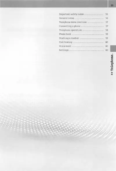 Contents page showing telephone menu, connection, operation, phone book, call history, voicemail, and settings.