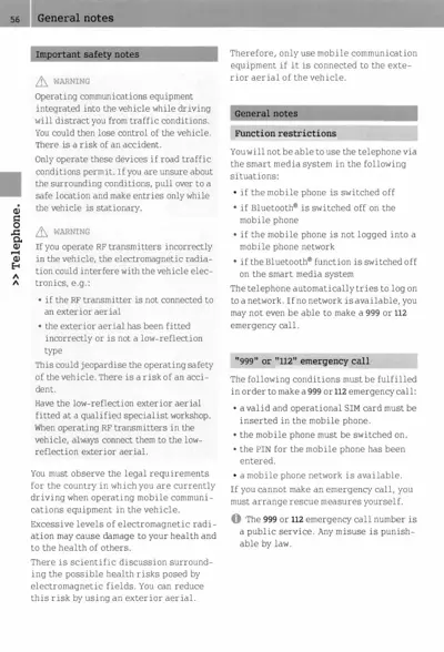 Text page with safety warnings about phone use while driving and emergency call requirements.