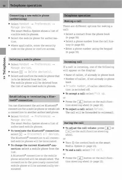 Text page showing telephone operation instructions for connecting, deleting phones and managing calls.