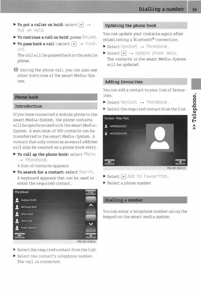 Manual page showing phone book operation including contact list display, favorite contacts, and number dialing procedures.