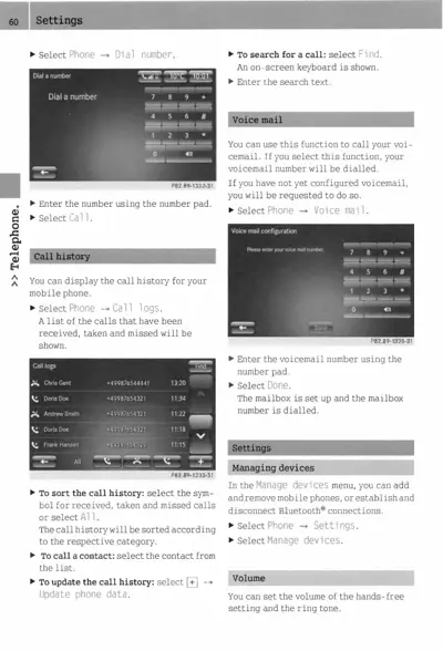 Settings page for phone functions including dialing, call logs, voicemail setup, and Bluetooth device management.