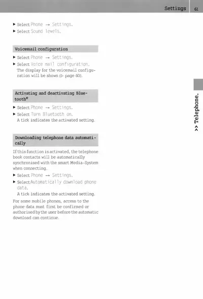 Page 61 Settings section with phone configuration instructions and Bluetooth setup steps.