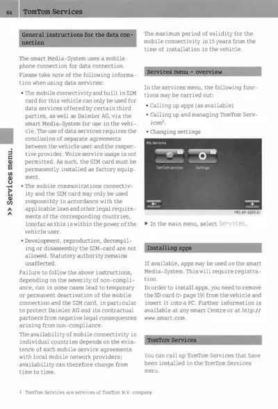 Page 64 showing TomTom Services setup instructions and services menu interface screenshot.