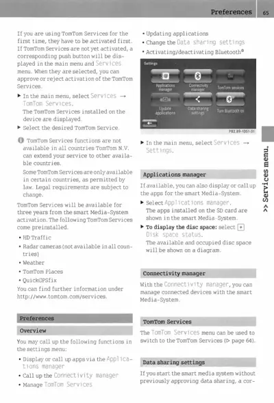Settings menu interface with application manager, connectivity manager, TomTom services, update applications, data sharing, and Bluetooth options.