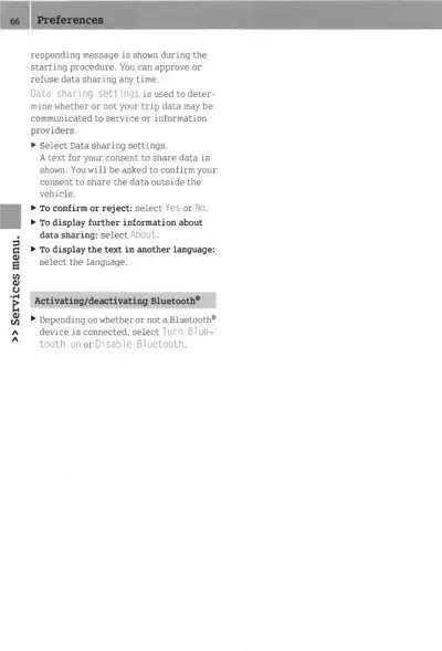 Text page describing data sharing preferences and Bluetooth settings in Services menu.
