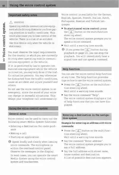 Page 68 showing voice control system instructions with safety notes and help function guidance.