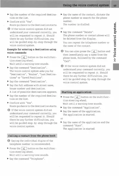 Page 69 of Smart voice control system manual showing destination entry, phone contact calling, and application startup procedures.