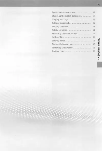 Text table listing system menu topics and their corresponding page numbers from 72 to 76.