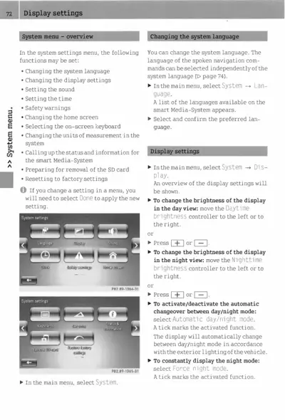 Page 72 showing system menu display settings with language and brightness adjustment instructions.