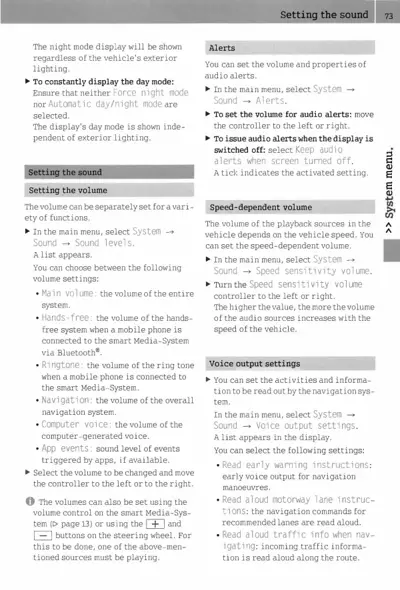Text page explaining how to set sound, volume levels, alerts, speed-sensitive volume, and voice output settings in the smart media system.