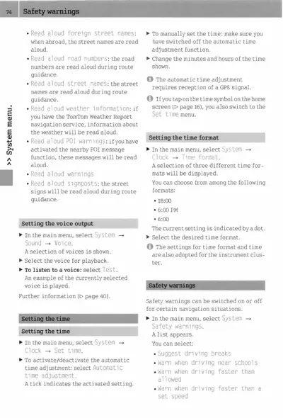 Manual page 74 showing safety warnings and settings for voice, time, and driving alerts.