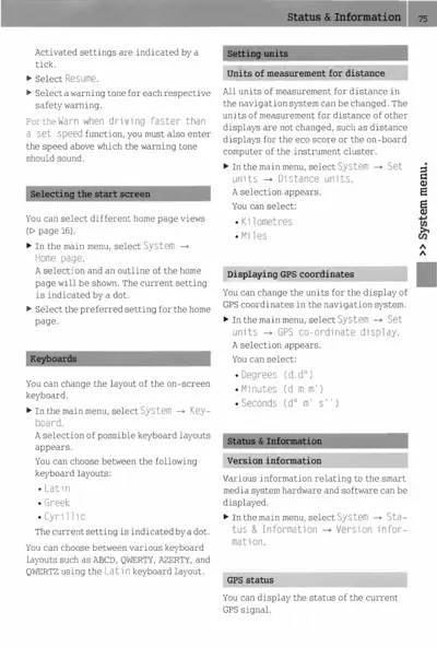 Manual page showing system settings for units of measurement, GPS display, keyboard options, and status information.