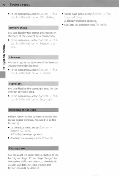 System menu navigation instructions for factory reset and media system settings.