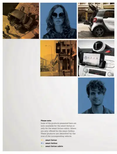 Catalog cover showing smart car accessories with model availability icons for fortwo, forfour, and fortwo cabrio.